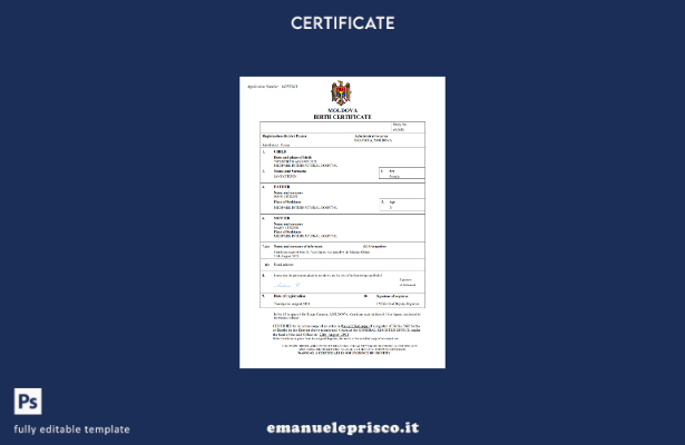certificato di nascita della Moldova in stile verificato modello Word e PDF